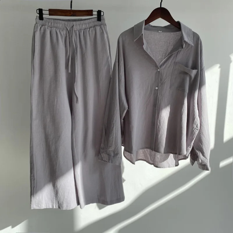 Autumn Womens Casual Cotton Linen Shirt Set Drawstring Elastic Waist Wide Leg Pants And Thin Long Sleeve Blouses Top Solid Set 240926