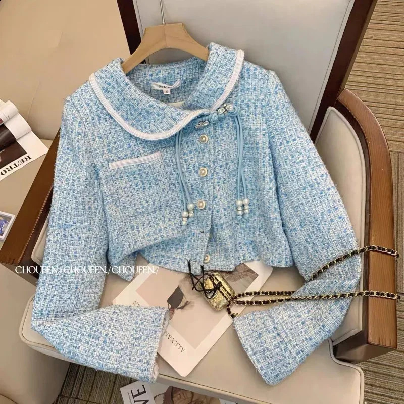 Spring Fashion Elegant Peter Pan Collar Chic Tassel Vintage Women Coat Blue Tweed Jacket High Waist Long Pants Two Pieces 240926