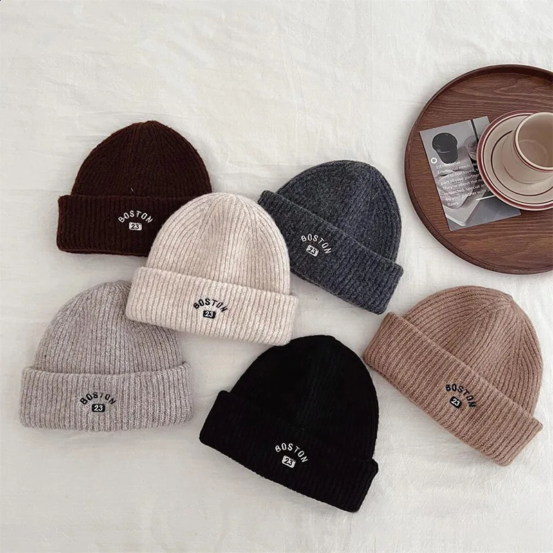 Korean letter baby hat soft knitted boy and girl Beanies winter warmth toddler pull windproof cold proof for children 240925