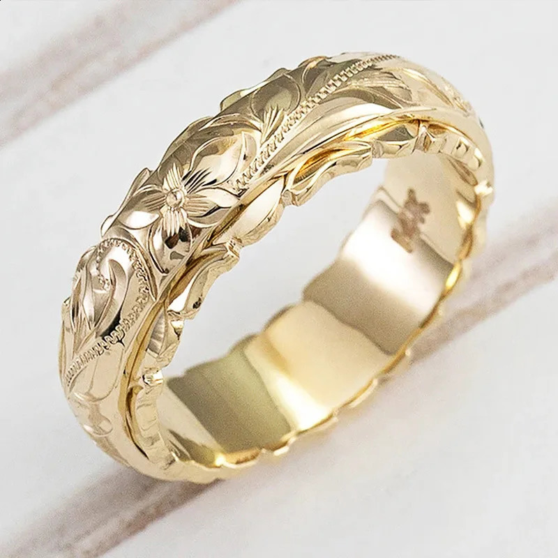 wer Yellow Rose Carved Ring 14k Gold Rings for Women and Men - Unique Anniversary Wedding Band 4 s B