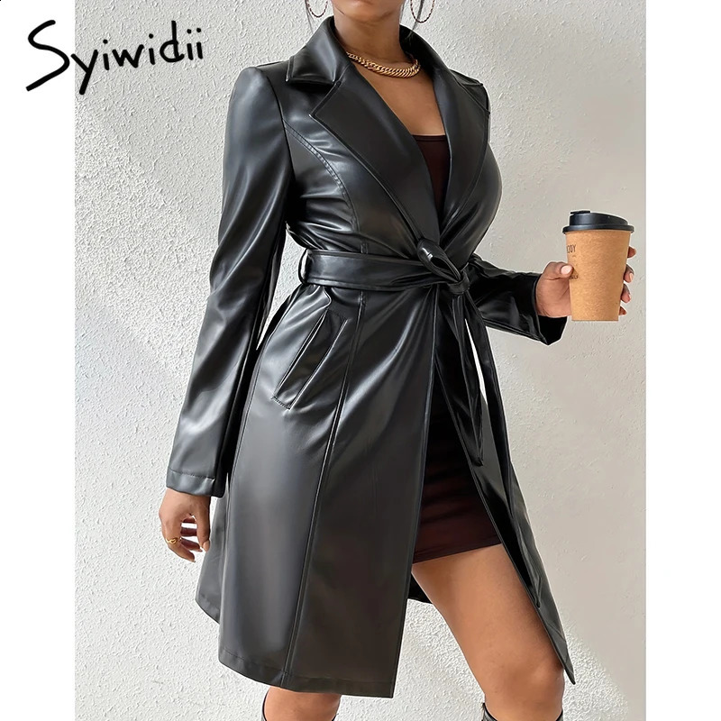 Syiwidii Elegant PU Leather Trench Coat for Women Fashion Lapel Lace Up Midi Length Jacket Autumn Temperament Lady Outerwear 240918