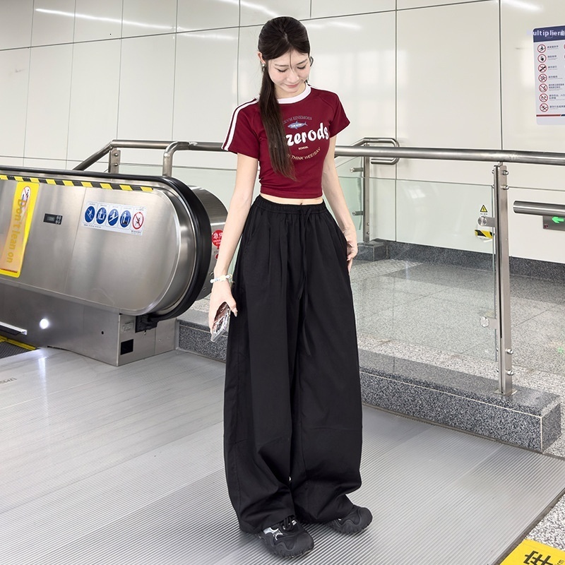 Quick drying sports for women, 2024 autumn new product, high waisted loose casual pants, hanging red straight American wide leg pants