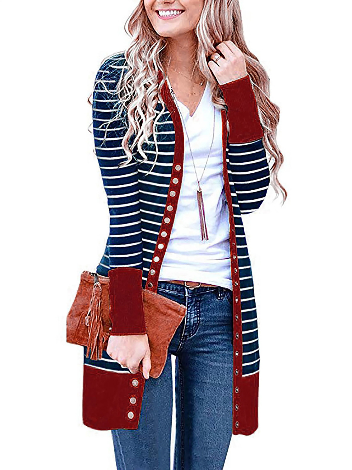 AutumnWinter 2024 Europe and the United States plus size womens fashion long button striped cardigan coat 240919