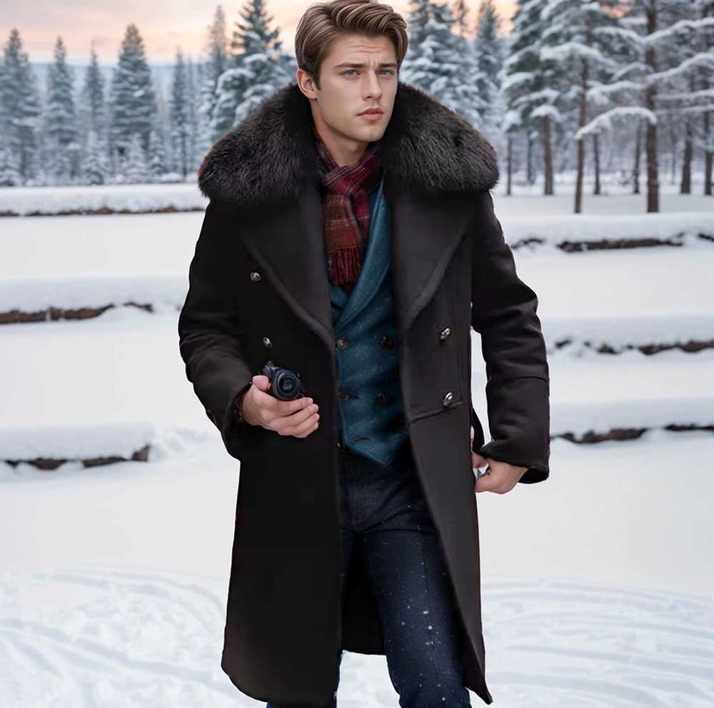 Winter warm mens European and American wool coats with double-layer high-quality fur collar and medium length mens coats W240925