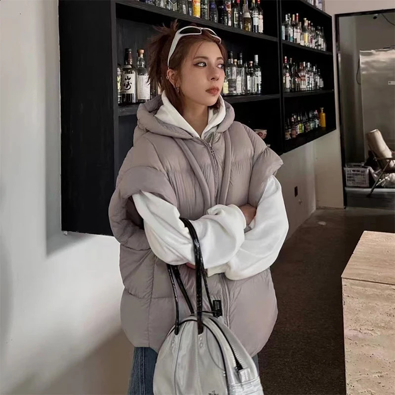 Lagabogy Winter Womens Chic Hooded Zipper Inflatable Coat 90% White Duck Down Vest Womens Casual Loose Sleeveless Warm Tank Top 240925
