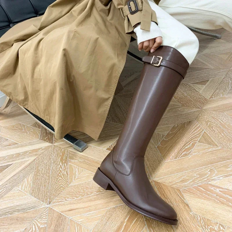Womens Low Heel Knee High Boots Autumn Winter Soft Leather Knight Boots Fashion Round Toes Warm Botas De Mujer 240926