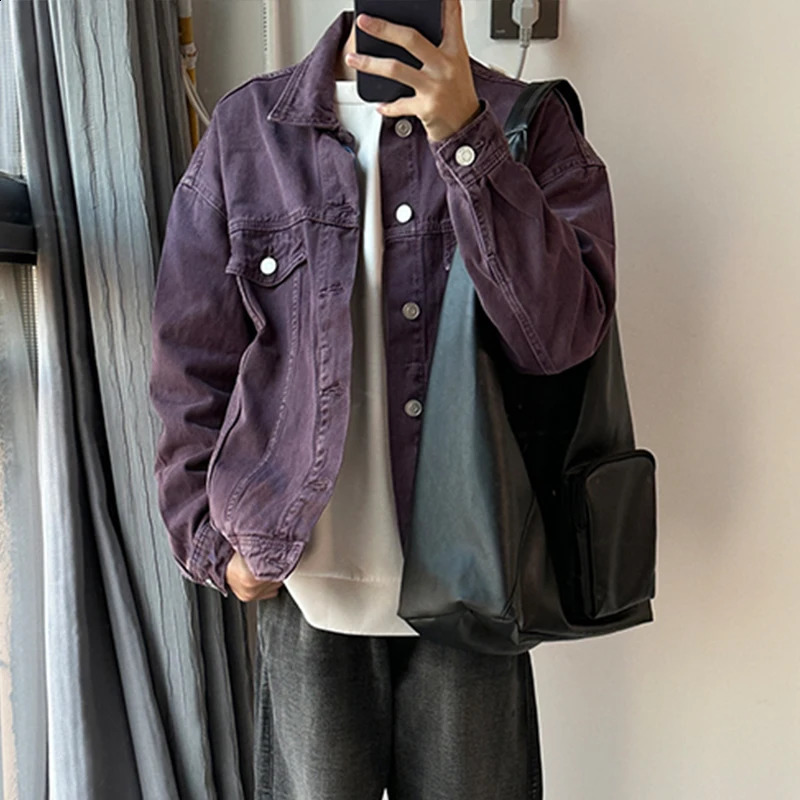 Mens retro washed purple denim jacket street clothing item pocket button up shirt jacket retro fashion M-3XL 240926