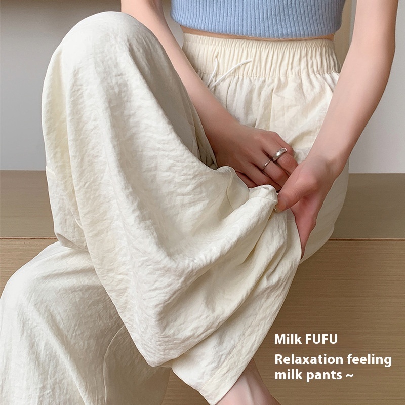 Naifushan women's spring/summer 2024 new high waisted, short stature vinegar straight lazy style ice silk wide leg pants