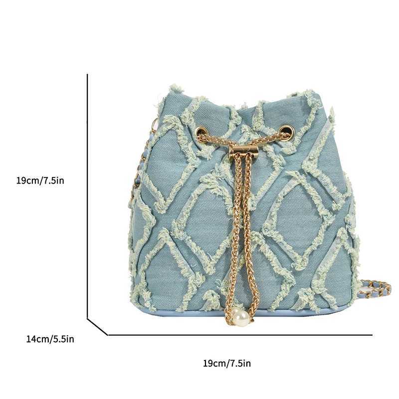 Canvas Womens Bag Pearl String Bucket Diamond Lattice Bags for Women Trend Metal Ball Chain Shoulder Sling Female Purse M240925