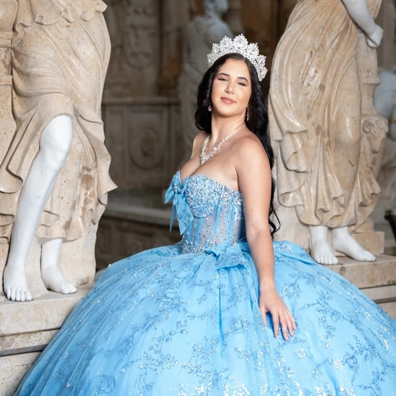 Mexican Sky Blue Quinceanera Dresses Ball Gown Sequin Lace Appliques Beads Bow Tull Sweet 16 Dress Princess Lace Up Vestido De 15 Anos