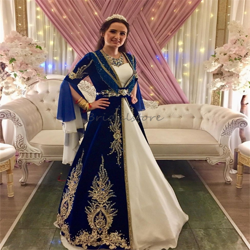 Luxury Navy Blue Turkish Wedding Dresses Sparkly Beaded Long Sleeve Moroccan Fantasy Aesthetic Bridal Gowns Pakistani Bride Dress Arabic Vestido De Ca