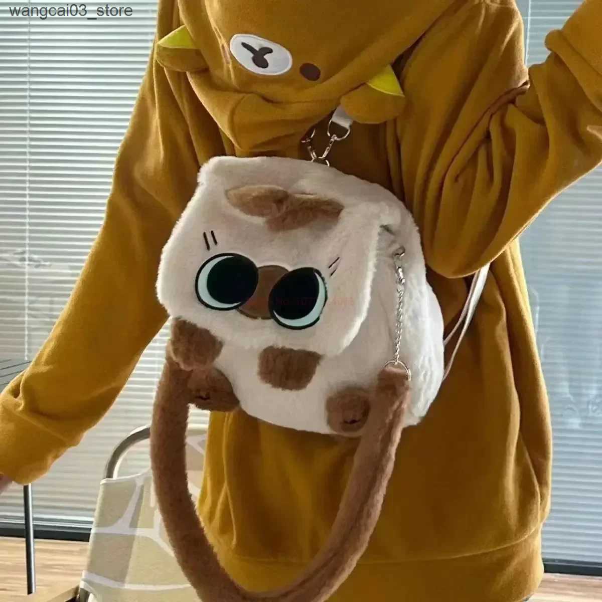 Backpacks Plush Cartoon Siamese Cat Backpack Simplicity Large Capacity Campus Bag Commuting Flip Cover Diagonal Span Bag Soft Girl Gift L240910
