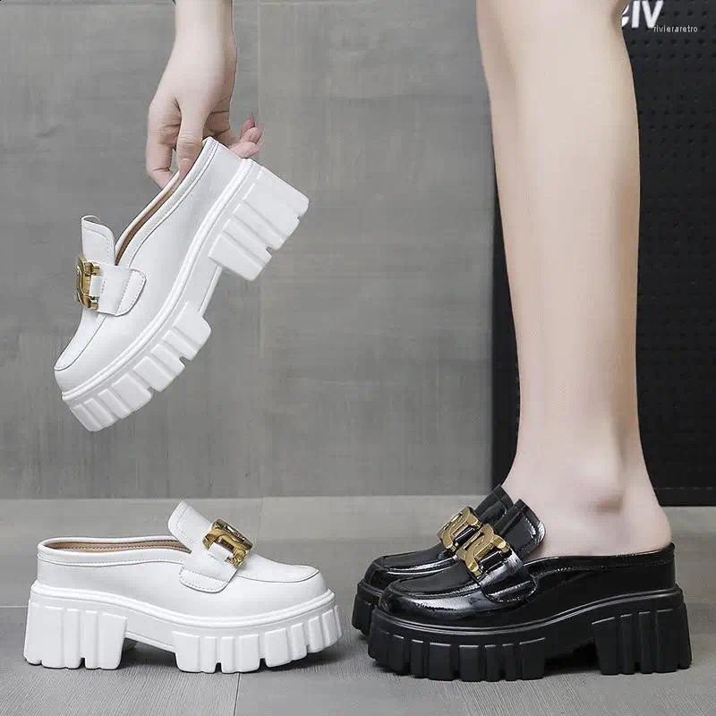 Slippers Shoes Women Square Heel Cover Toe Summer Loafers Luxury Slides Pantofle Soft Block Designer Fashion Wome