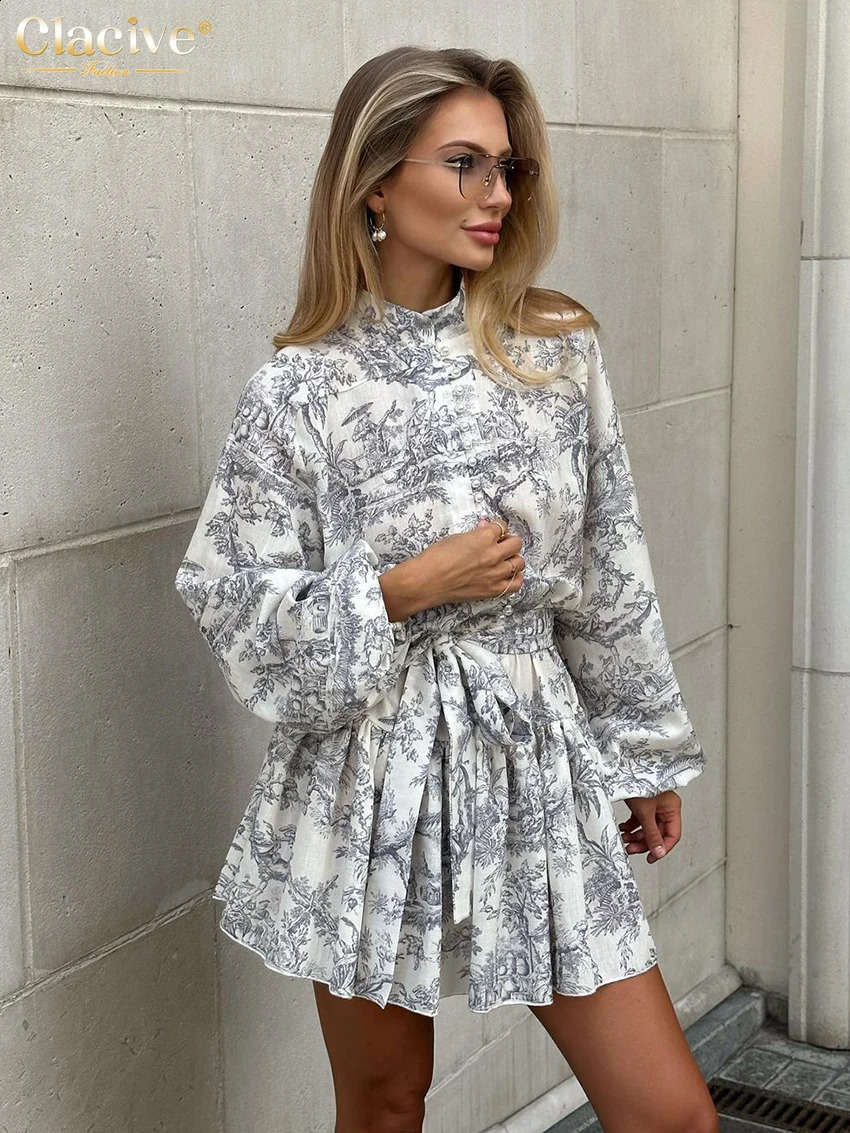 Clacive Casaul Loose Print WomenS Dress 2023 Fashion Stand Collar Puff Sleeve Mini Dresses Elegant LaceUp Pleated Female 240915