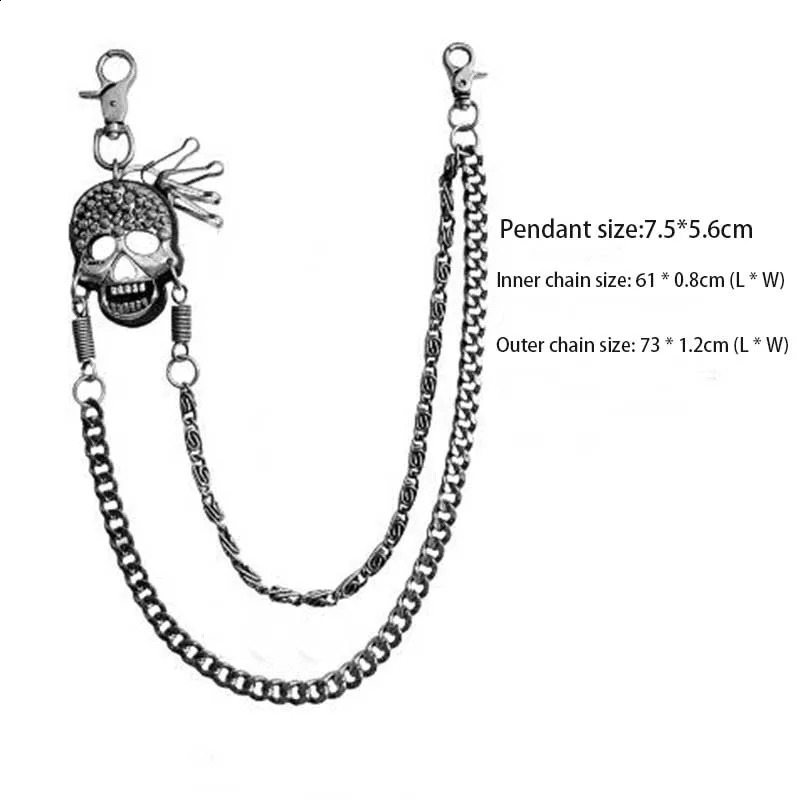 Trendy Rock Mens Skeleton Ghost Head Metal Chain Hip Hop Punk Jeans Pants Trouser Waist Chain Double Chain Bicycle Keychain Prop 240924