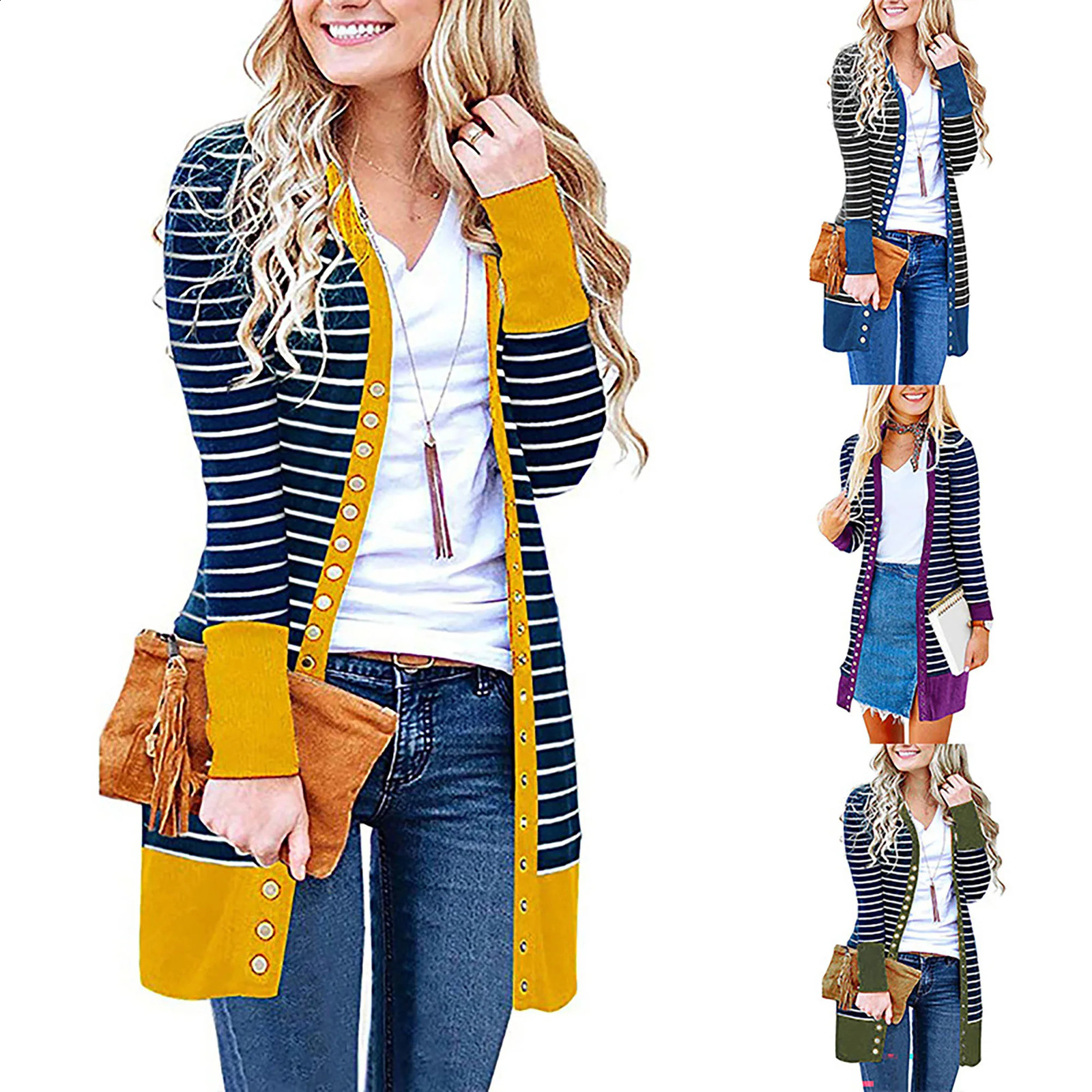 AutumnWinter 2024 Europe and the United States plus size womens fashion long button striped cardigan coat 240919