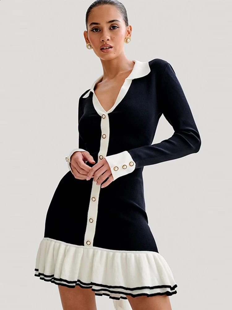 Elegant Knitted Ruffles Mini Dres Patchwork Long Sleeve Vneck Bow Backless Single Breasted Dresses 2024 Lady Party Robe 240915