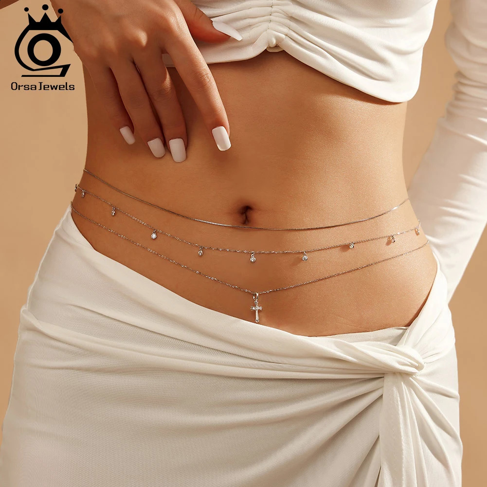 Orsa JEWELS 925 Silver Sexy Belly Belt Womens Summer Beach Bikini Body Chain Summer Jewelry Accessories CW03 240929