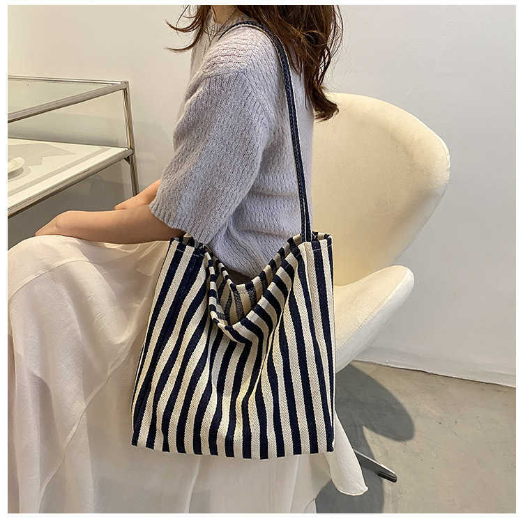 CMM Korean Literary Handbag Simple Small Fresh Stripe Shoulder Bag Leisure Fashion Large Capacity Shopping Bag