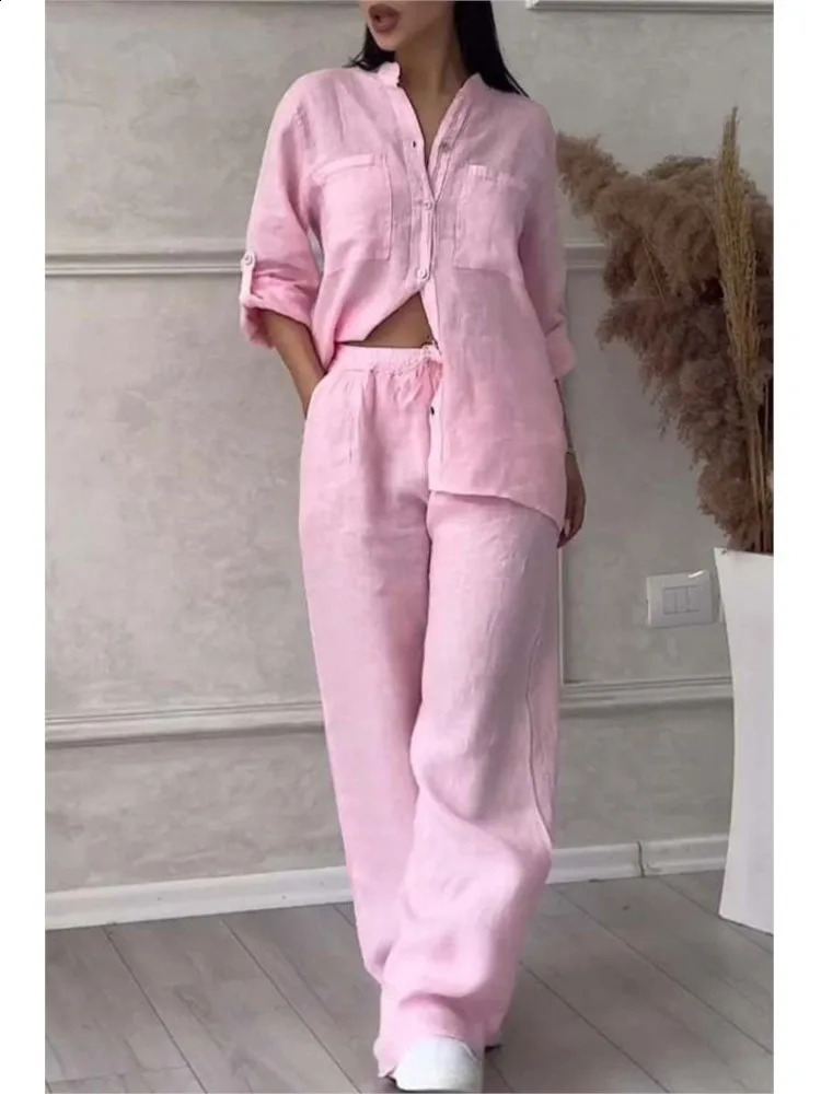 Cotton Linen Shirt Pants 2 Piece Set For Women 2024 Spring Autumn Long Sleeve Blouse Wide Leg Solid Suits Female Casual Outfits 240926