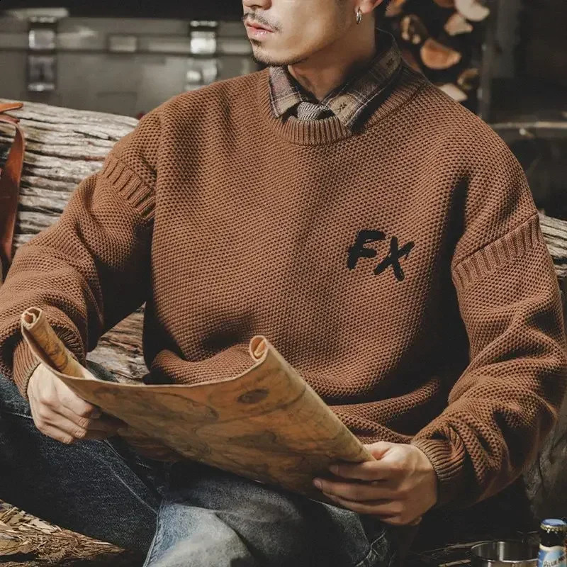 Mens clothing Y2k retro motorcycle knitted sweater mens aesthetics embroidery rally black er rally super thick 240924