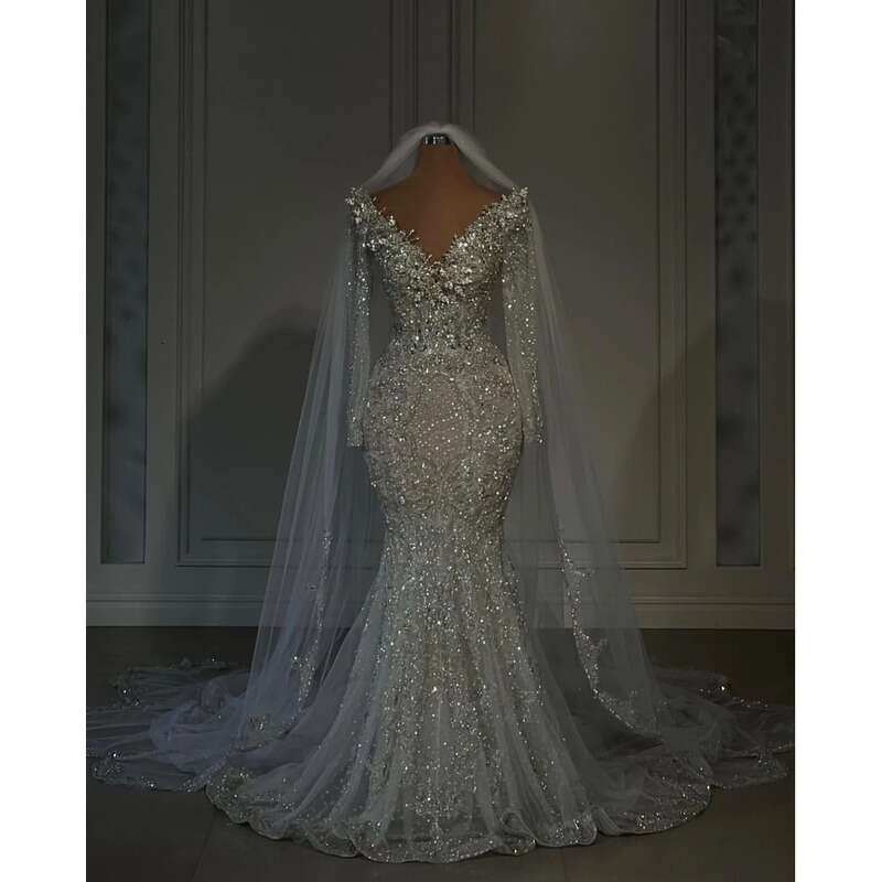 Gorgeous Dress Mermaid Chart V Neck Beading Lace Long Sleeves Illusion Wedding Dresses Bridal Gowns Sweep Train Designer Robe De Mariage Sleees Es 021