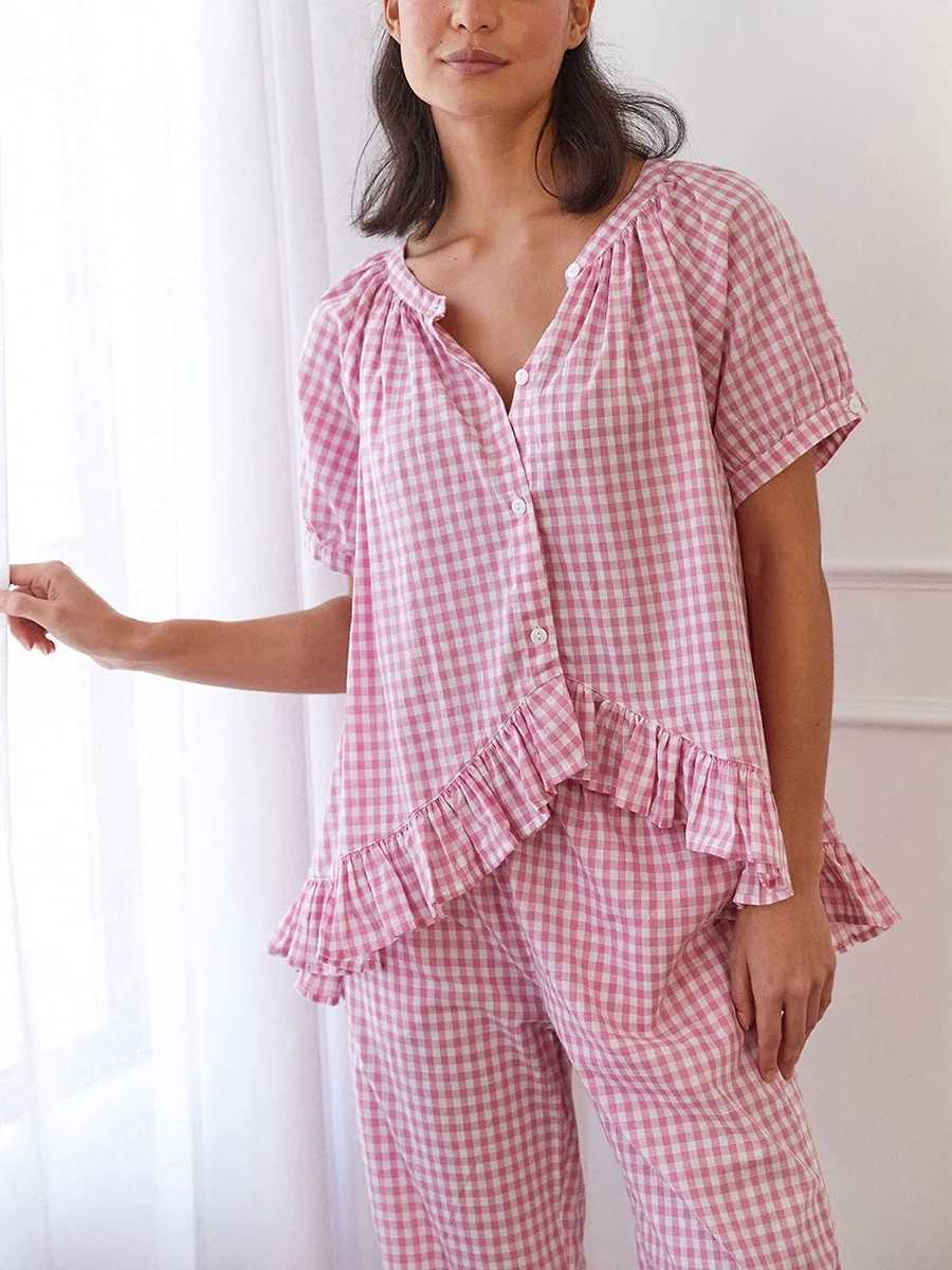 Womens 2 Piece Pajama Set Short Sleeve Plaid Print Button Up Shirt + Ruffle Pants Set Sleepwear Loungewear M240925