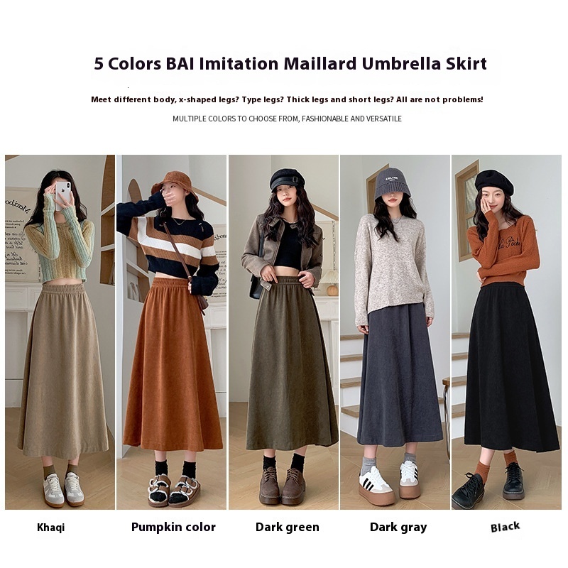 Milad Half length for Women 2024 Autumn/Winter New Product: Casual with High Waist and Slim Look, Medium Length, Large Swing Umbrella Skirt