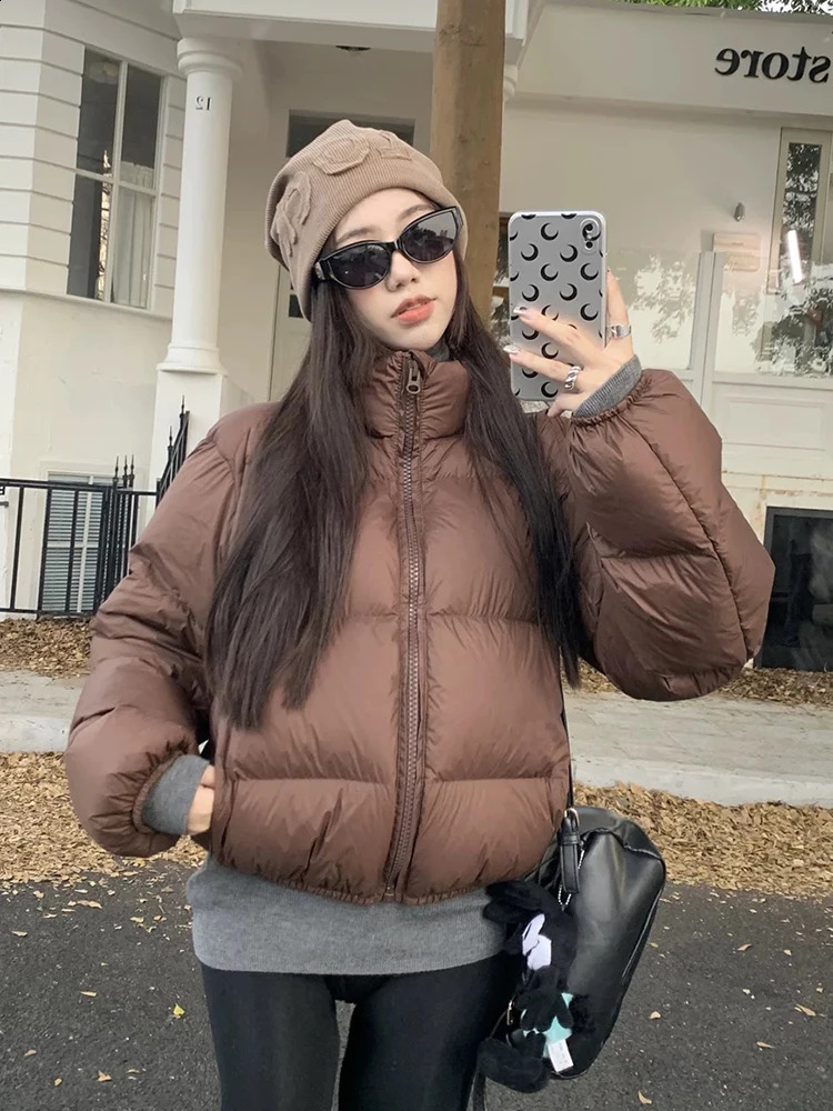 Zoki Vintage Women Streetwear Puffy Coats Winter Warm Long Sleeve Korean Parkas Casual Solid Simple Cotton Padded Down Jackets 240918