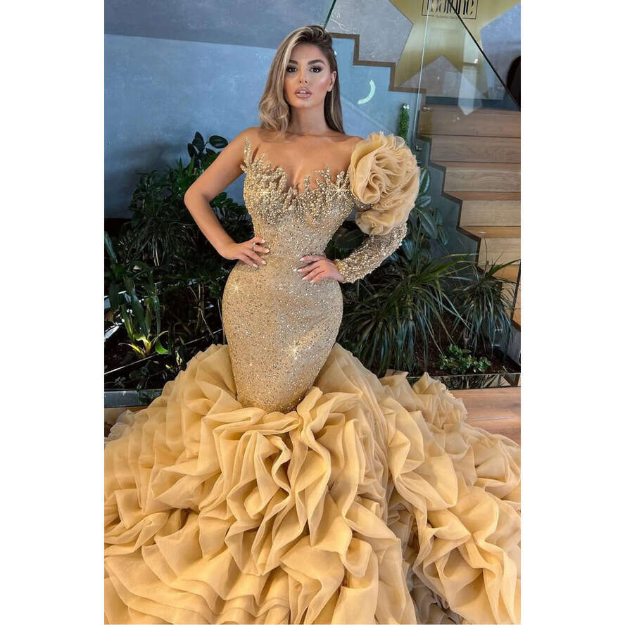 Mermaid Champagne Sequins Dress Cascading Ruffles Shiny Beads Bride Dresses Robe De Mariee Bridal Evening Gowns
