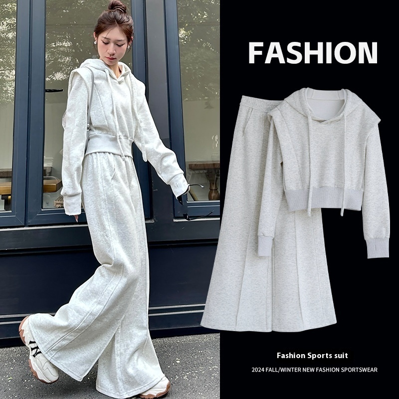 2024 Autumn/Winter New Product Fashion Set Women's High Waist slimming casual sports hooded sweatshirt jacket Knitted wide leg pants
