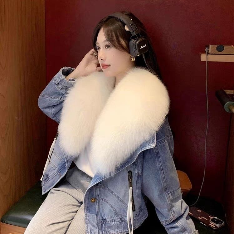 Detachable Collar Denim Coat Women Winter Parkas Fox Fur Short Down Jacket Female Outwear Fashion Long Sleeve Jeans Clothes R066