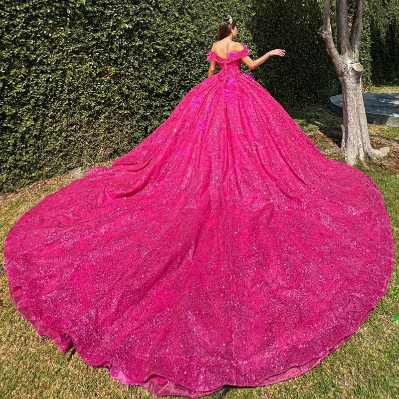Rose Red Princess Sparkly Quinceanera Dresses off the shoulders Crystal Tassel Corset Lace-up Vestidos 15 De xv Anos Sweet 16 Dress