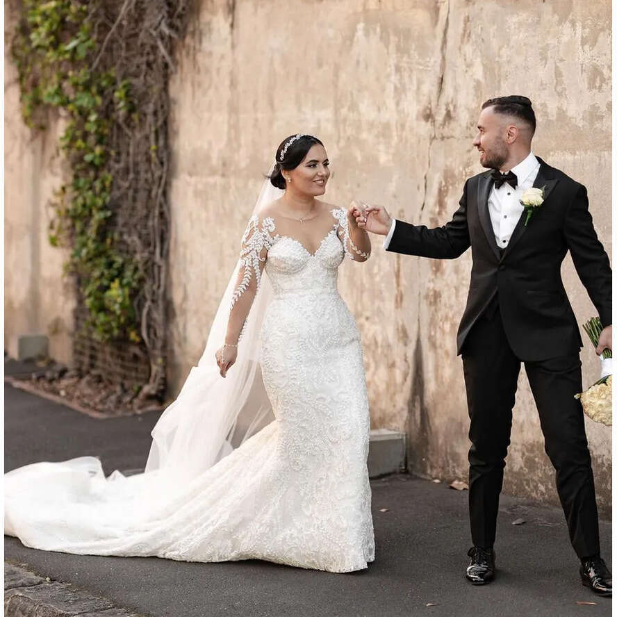 Wedding Lace Vintage Mermaid Dress 2024 Full Sleeve Jewel Neck Sexy Backless Boho Dresses Bridal Gowns Robe De Mariage Vestido Novia