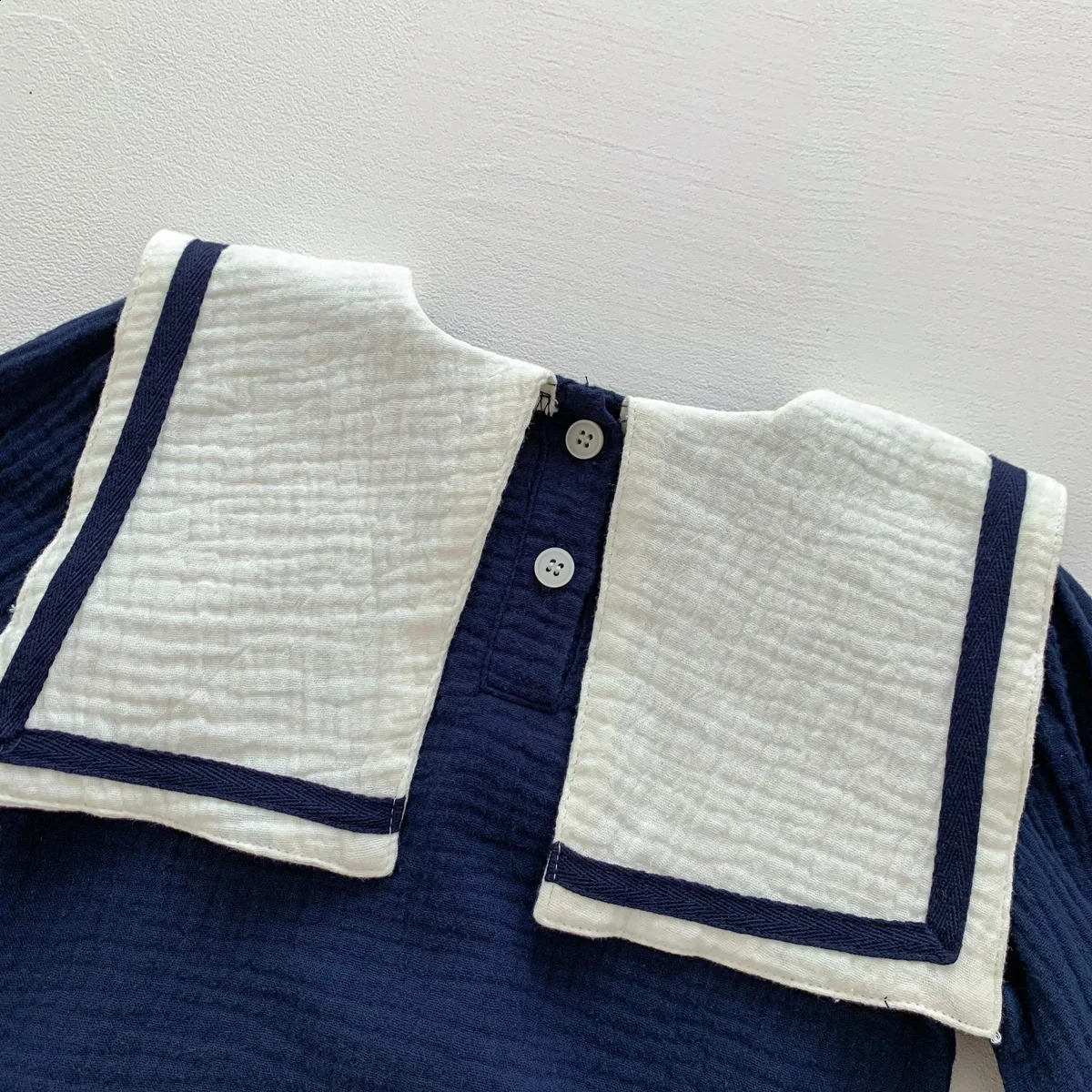 Long sleeved shirtbread pants Korean casual baby clothing born organic cotton navy blue collar Stye 240925