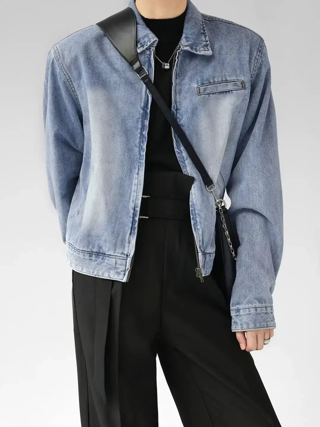 AutumnWinter Gradient Wash Shoulder Pads Zipper American Retro Jacket Mens n Sensual Denim Fashion 240921