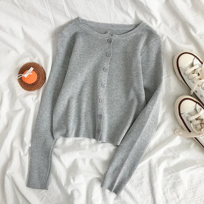 Rin Confa Women Fine Knit Cardigan Top Crew Neck Button Front Long Sleeve Femme Casual Spring Light Cropped 240919