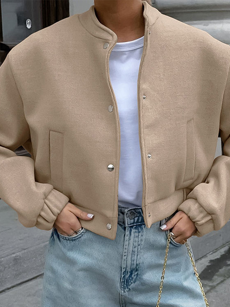 Casual Khaki Short Cropped Woolen Jackets Women Loose Button Pockets Tweed Jacket Female Autumn Chic Elegant Street Outwear