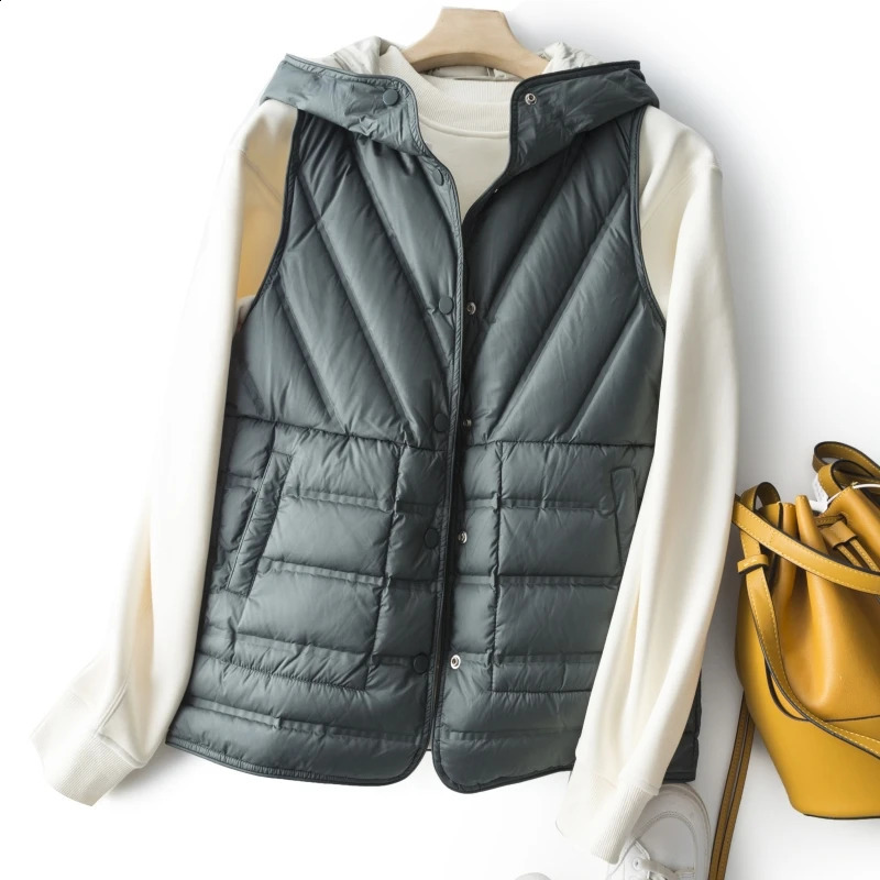 Janveny womens ultra light white duck down vest sleeveless jacket hooded high-quality double-sided foam gold-plated womens vest 240925