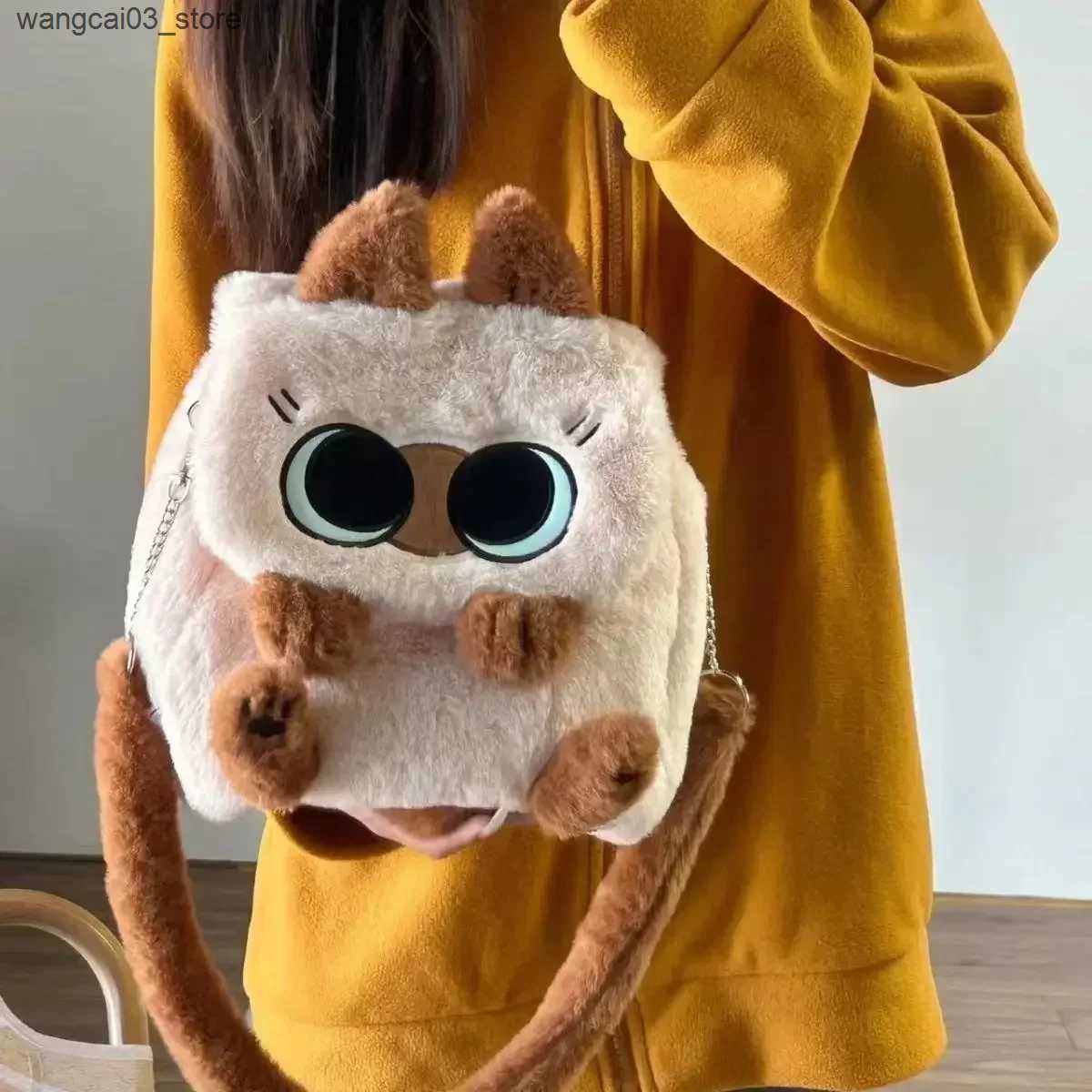 Backpacks Plush Cartoon Siamese Cat Backpack Simplicity Large Capacity Campus Bag Commuting Flip Cover Diagonal Span Bag Soft Girl Gift L240910