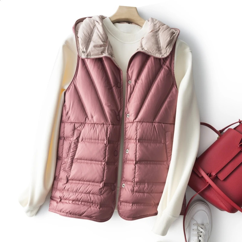 Janveny womens ultra light white duck down vest sleeveless jacket hooded high-quality double-sided foam gold-plated womens vest 240925