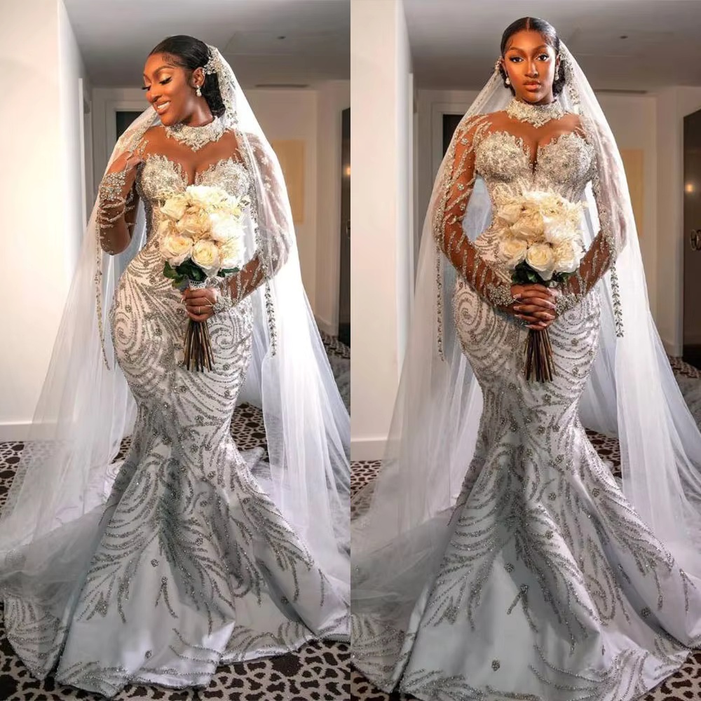 Crystal Wedding Dresses High Neck Sequins Bride Gown Long Sleeve Pearls Bridal Dress Custom Made Sweep Train Vestidos De Novia