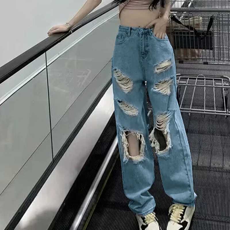 American Vintage Hole Y2k Women Jeans High Waist Jeans Wide Leg Baggy Loose Straight Hip Hop Streetwear Dragging Denim PantsX2409