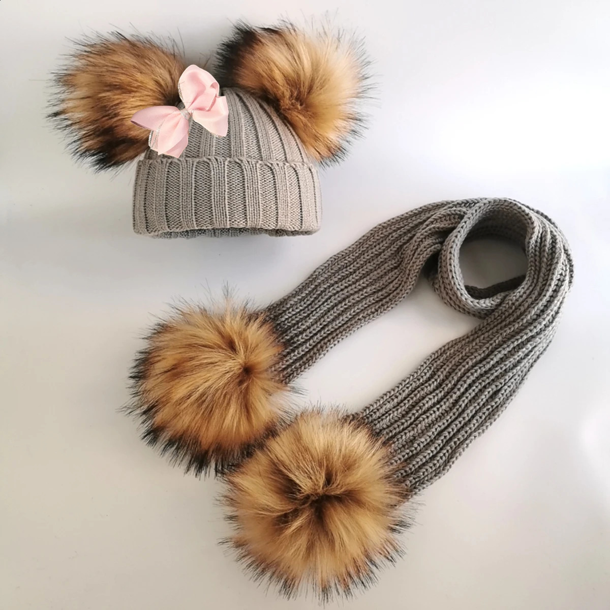 Winter children toddlers infants faux fur butterfly straps hats and bunnies with two double pom poms scarf girl ear caps 240925