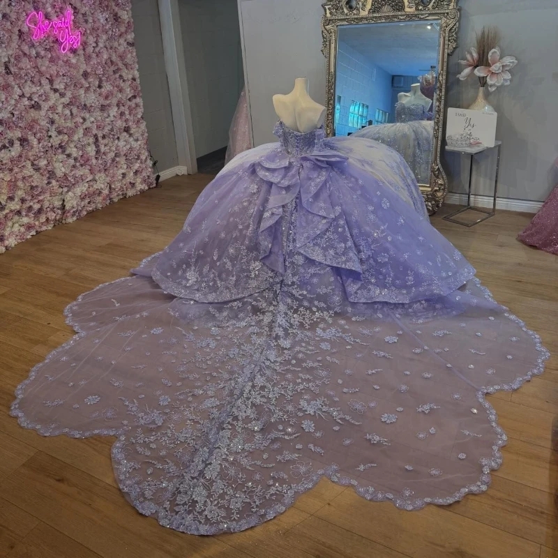 Lavender Quinceanera Dresses Ball Gown Off The Shoulder Sequin Appliques Crystal Beading Tull Champagne Lining Sweet Vestidos De 15 Anos