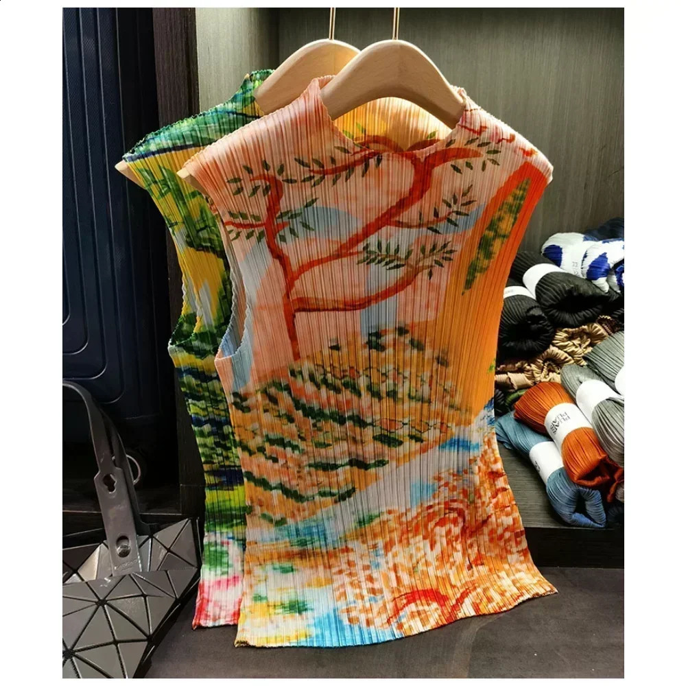 Pleats Original T-shirt Summer Pleated Flower Print Tops Casual Fashion Appear Thin Loose Retro Womens Clothing 240925