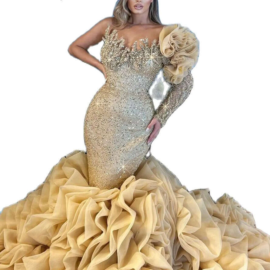 Mermaid Champagne Sequins Dress Cascading Ruffles Shiny Beads Bride Dresses Robe De Mariee Bridal Evening Gowns