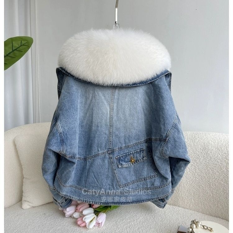 Detachable Collar Denim Coat Women Winter Parkas Fox Fur Short Down Jacket Female Outwear Fashion Long Sleeve Jeans Clothes R066