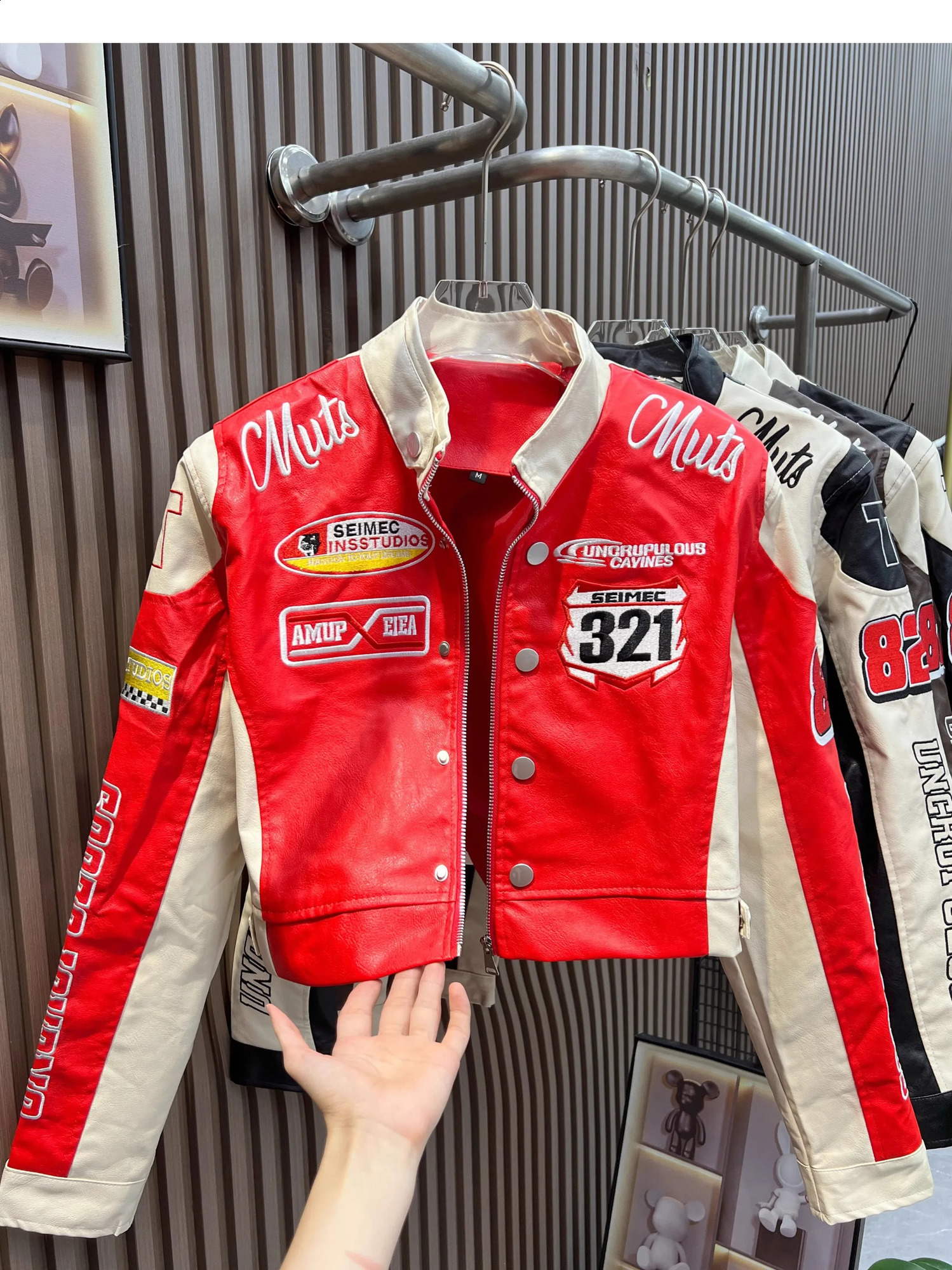 American retro letter embroidered motorcycle cut jacket womens PU leather street style racing baseball short jacket 240926