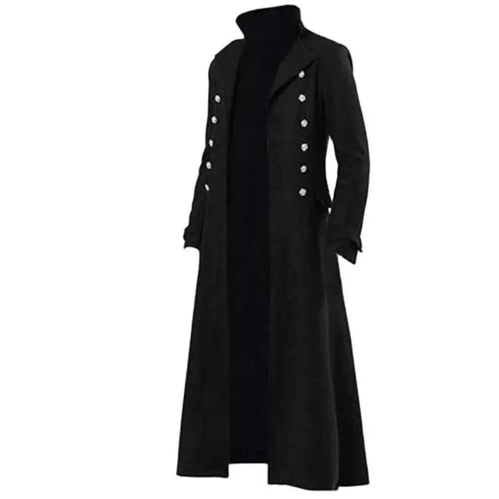 Mens Gothic Trench Medieval Steampunk Retro Coat Double layered Decoration Solid Mens Collar Coat Retro Long Trench W240925